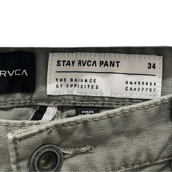 RVCA Mens Stay RVCA Button Fly Gray Straight cut Pants Size 34 - Picture 4 of 9